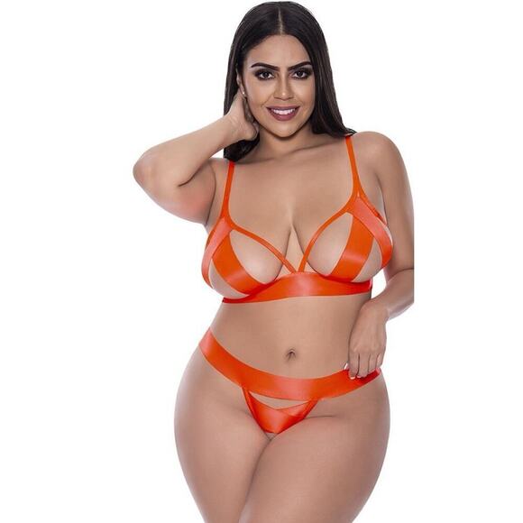 🦋B2G1🦋MAGIC SILK-Exposed Strap Tease Bra & Crotchless Panty Set NEON ORANGE - Picture 1 of 5